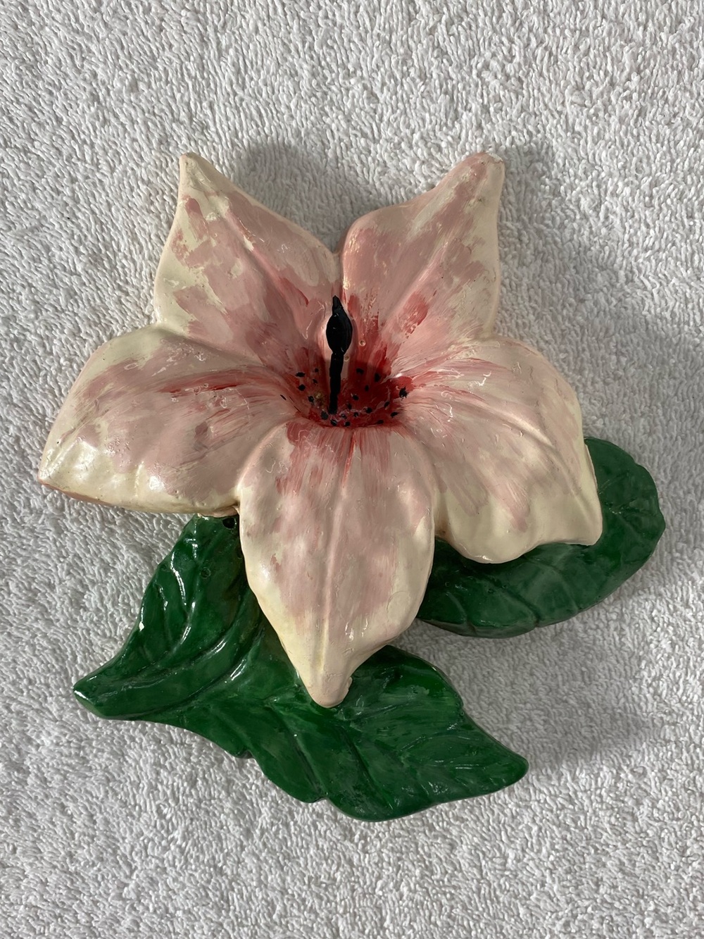 Vintage Handmade Chalkware Pink Flower Wall Decor with Green Leaves Cottagecore
